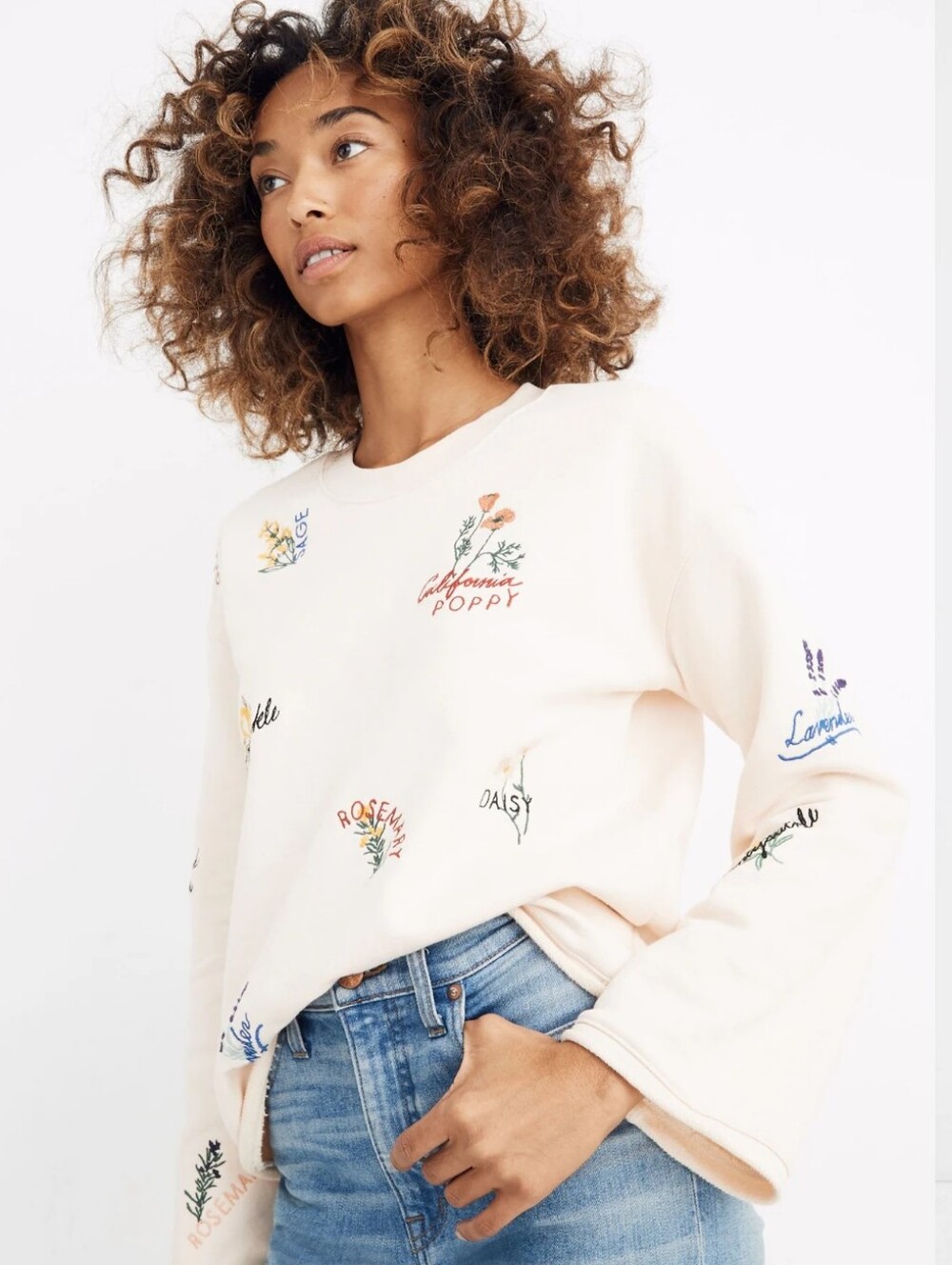$80 Madwwell Botanical Embroidered Bell-Sleeve Oversized Sweatshirt Size Xs